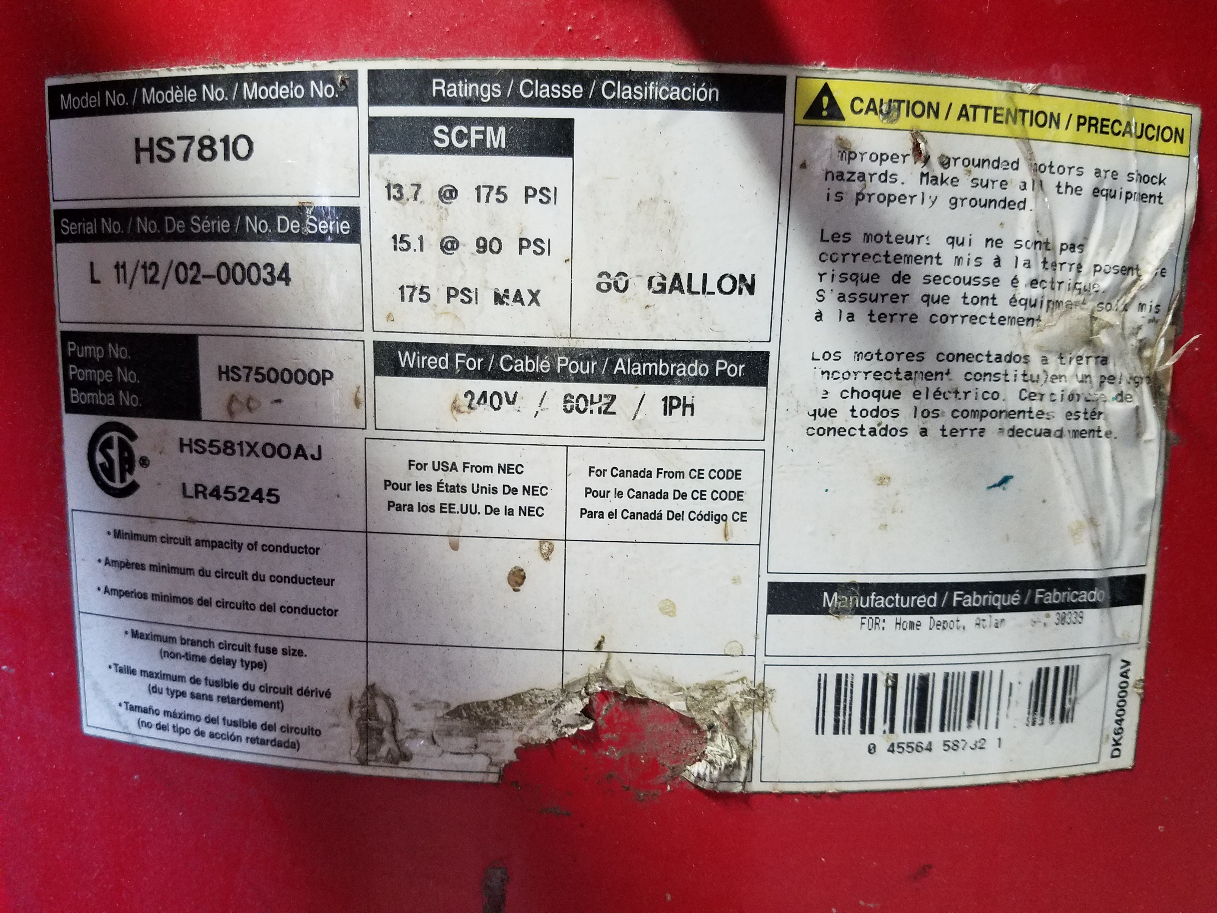 Tanque de Aire 80 Gal. Husky — SKU 520524